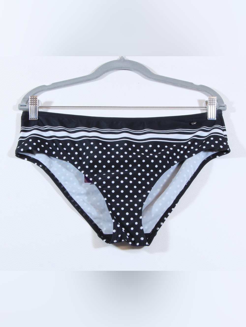 Lascana Black Polka Dot Classic Bikini Bottom with Striped Waistband NWT
